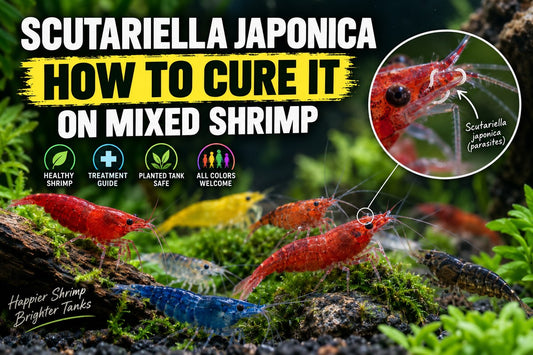 Mixed-color Neocaridina shrimp with Scutariella japonica parasites near the head in a planted aquarium treatment guide