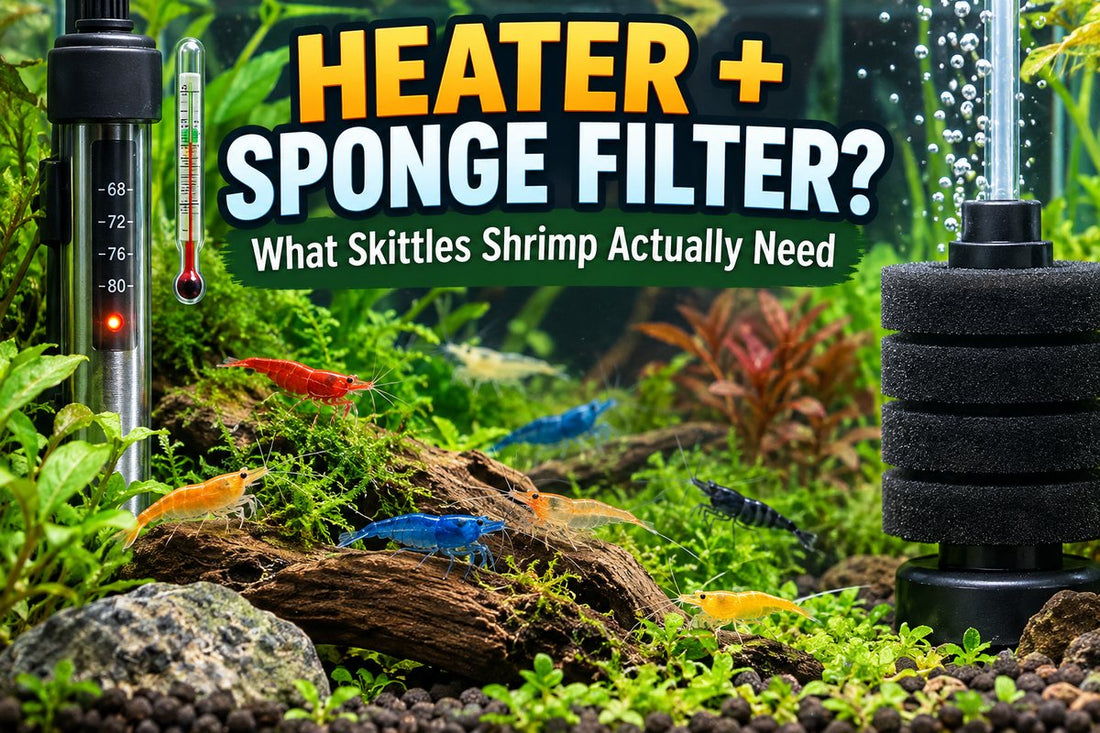 Skittles shrimp aquarium showing a heater thermometer and bubbling sponge filter