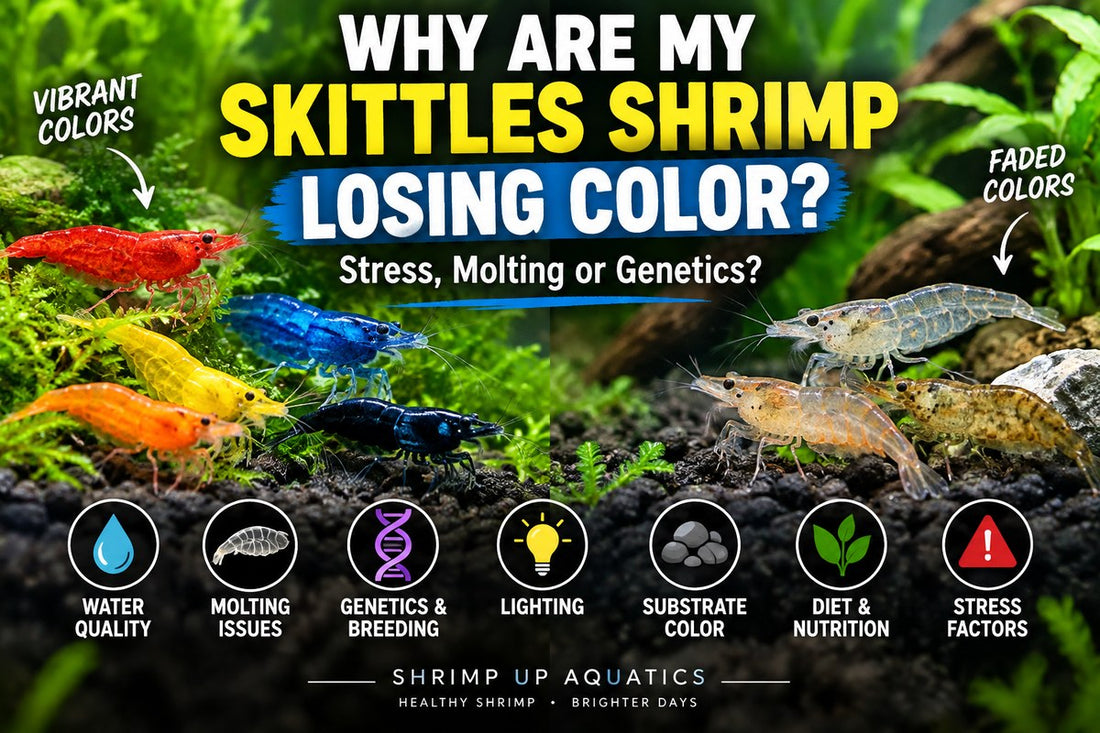 Vibrant and faded Skittles shrimp compared to show temporary color loss from stress or environment