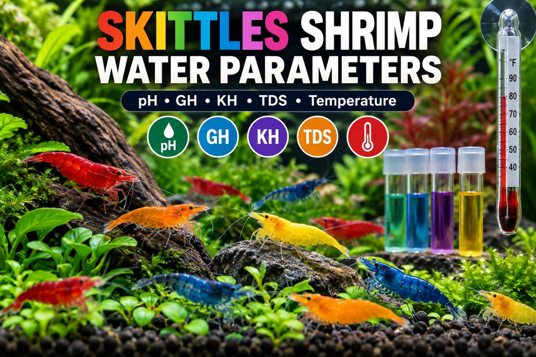 Skittles shrimp aquarium with pH GH KH TDS and temperature water parameter testing