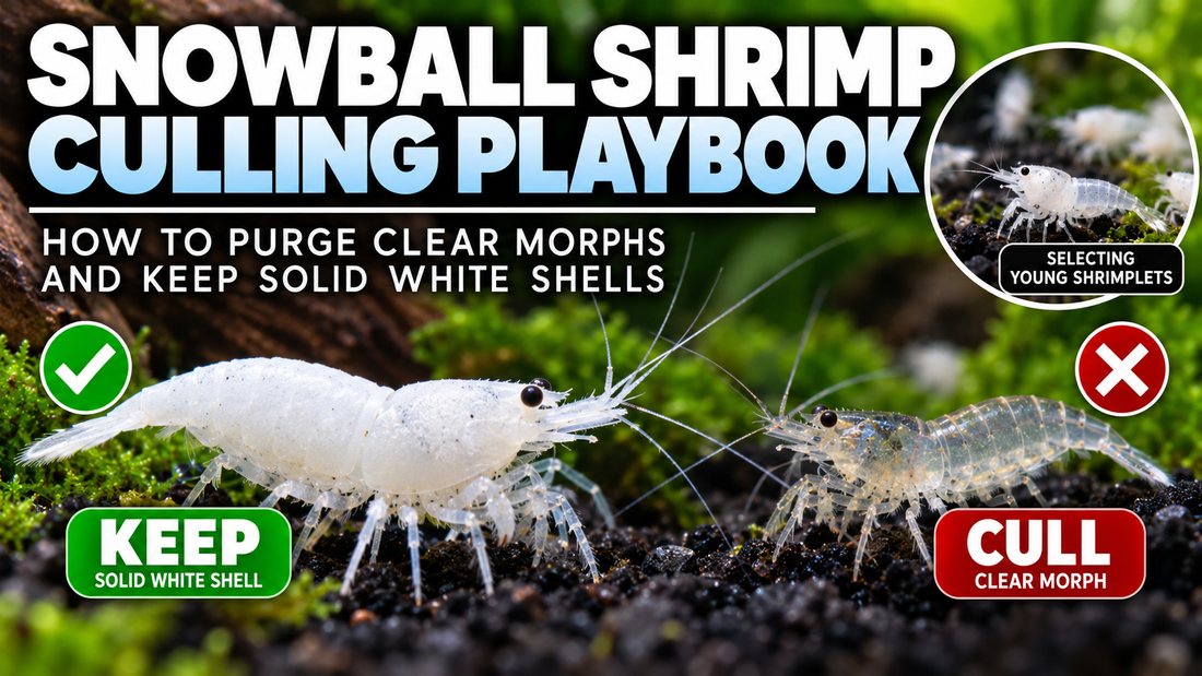 Snowball shrimp culling playbook comparing a milky-white adult with a translucent clear morph on dark aquarium gravel; selectively rehome off-pattern shrimp.