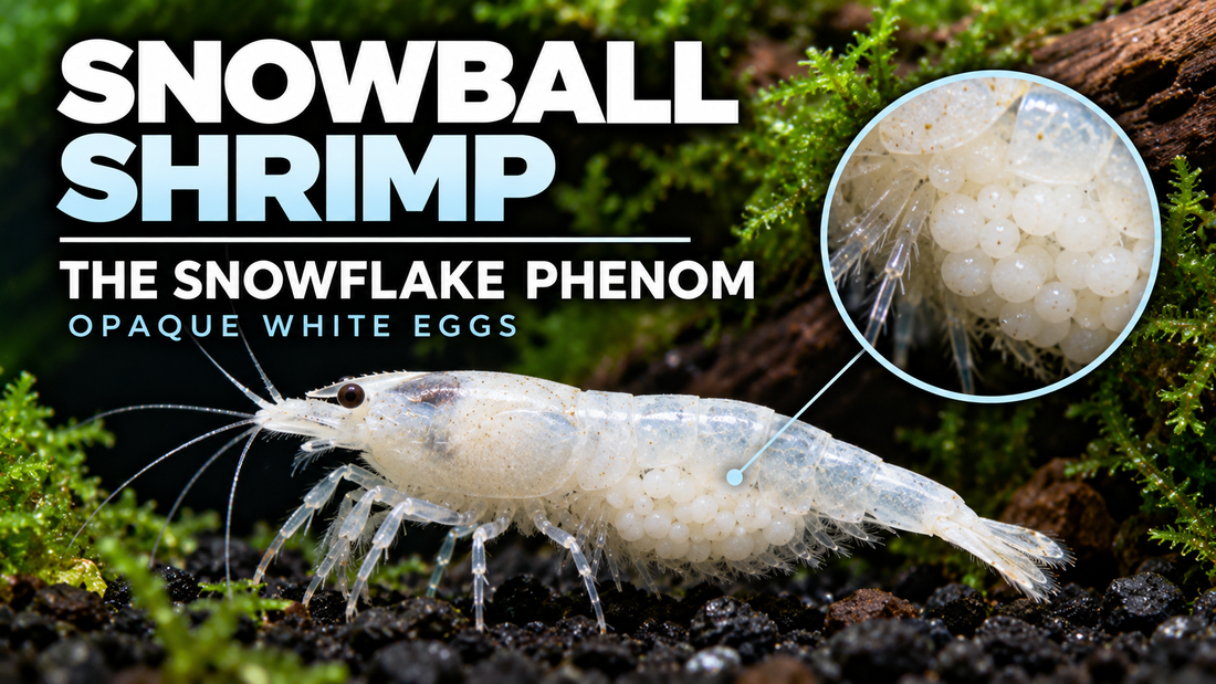 Snowball shrimp female carrying opaque white eggs; macro inset of her white egg clutch and dark-gravel aquarium.