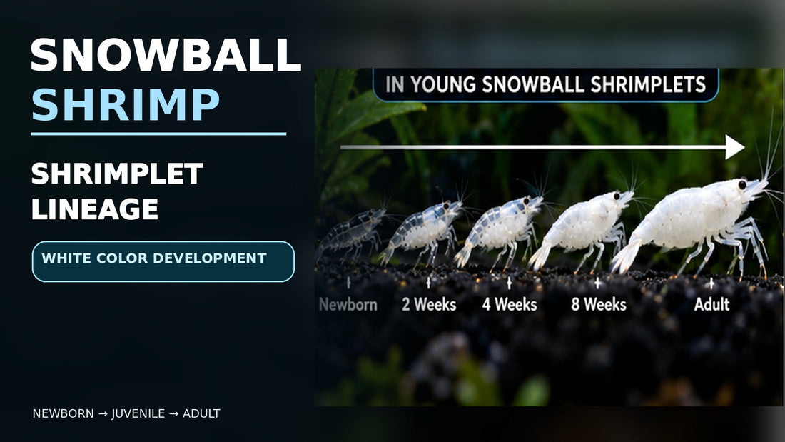 Snowball shrimp age and color-development progression from translucent hatchlings to white adult, showing line-tracking observations.
