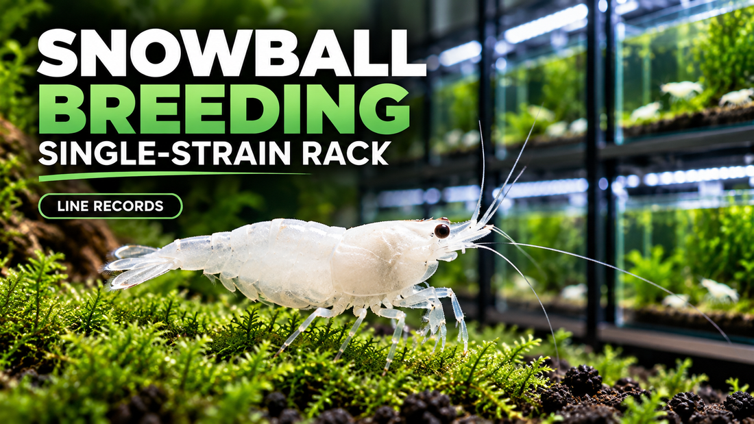 Milky-white Snowball Neocaridina in front of a dedicated multi-tank single-strain shrimp breeding rack.