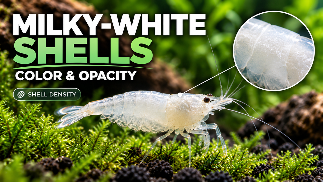 Milky-white Snowball Shrimp with magnified shell detail showing white pigmentation and opacity against green moss.