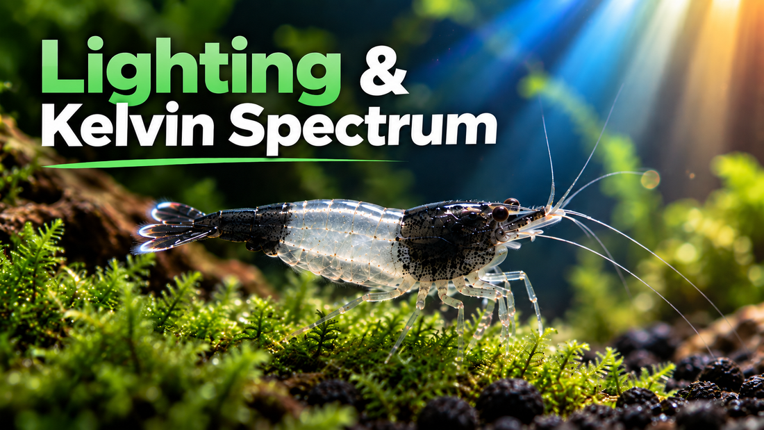 Black and translucent Carbon Rili shrimp under cool and warm aquarium lights; Kelvin spectrum guide