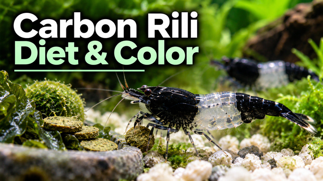 Carbon Rili with black head and tail and clear midsection grazing beside shrimp wafers, leafy greens and kelp; diet and color guide.