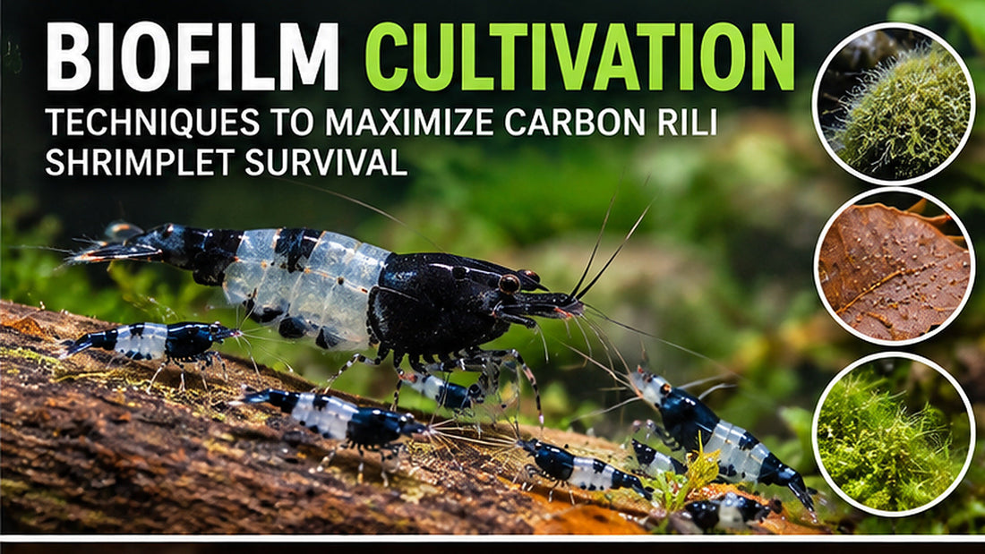 Adult Carbon Rili and young shrimplets grazing on biofilm-covered wood and moss, with magnified biofilm textures.
