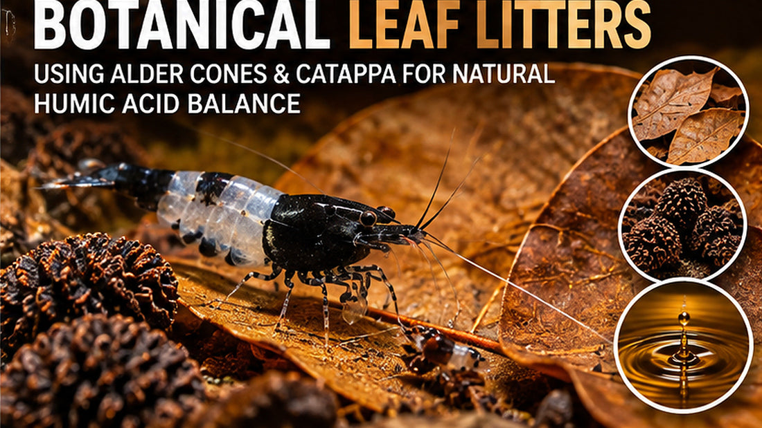 Black-and-clear Carbon Rili shrimp on an Indian almond leaf with alder cones and brown botanical leaf litter.