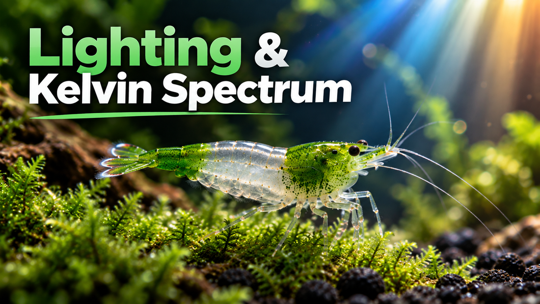 Green Rili shrimp with clear middle under a mixed aquarium light spectrum, illustrating aquarium lighting and color appearance.