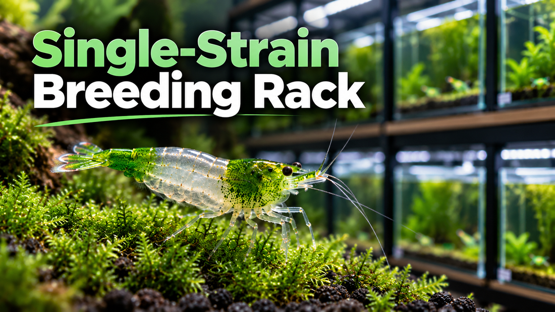Green Rili shrimp with translucent middle in front of a multi-tank, single-strain aquarium breeding rack.