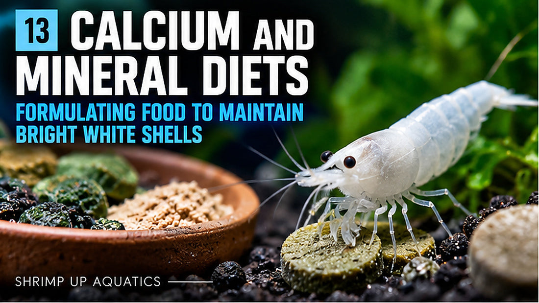 Snowball shrimp feeding on balanced food in a planted aquarium; calcium and mineral nutrition for healthy white Neocaridina.