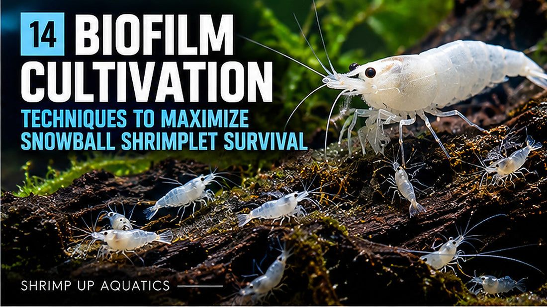 Milky-white adult Snowball and juveniles grazing on moss and biofilm-covered wood in a dedicated shrimplet nursery.