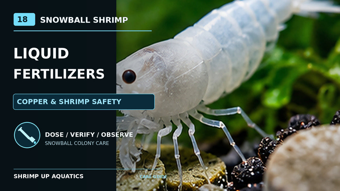 White Snowball Neocaridina and liquid-fertilizer dosing illustration, covering copper awareness and planted-tank fertilizer safety.