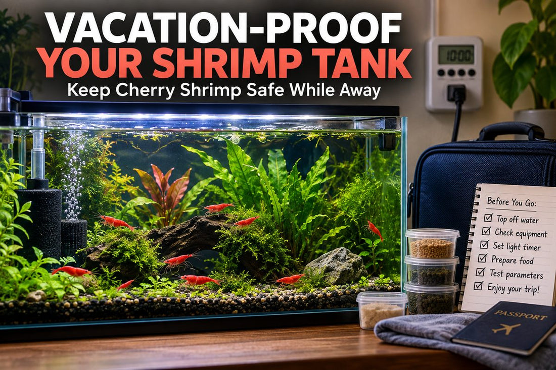 Vacation-ready Red Cherry Shrimp aquarium with timer filter and feeding checklist