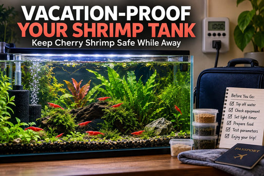 Vacation-ready Red Cherry Shrimp aquarium with timer filter and feeding checklist