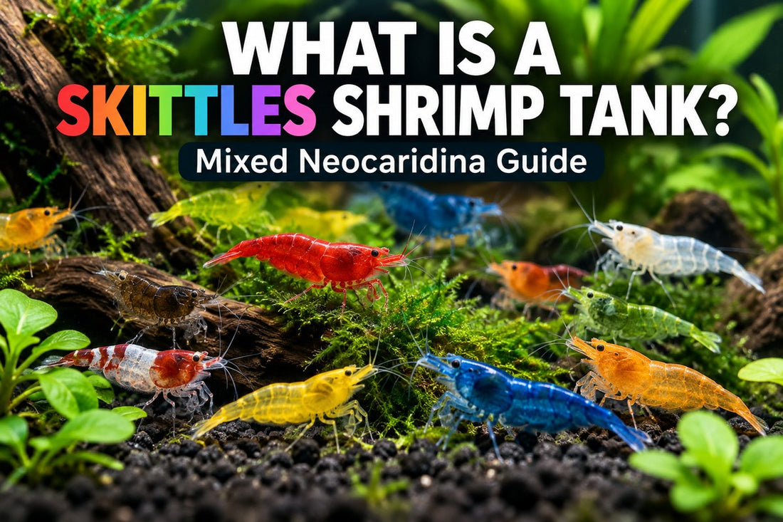 Colorful mixed Neocaridina Skittles shrimp colony in a planted freshwater aquarium