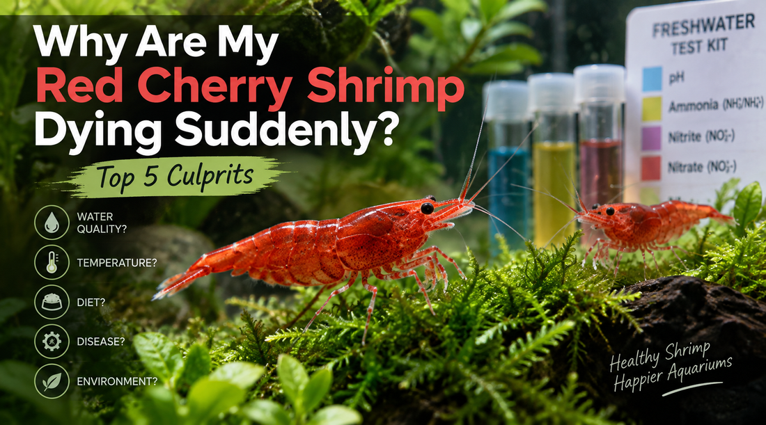 Red Cherry Shrimp with freshwater test kit illustrating common causes of sudden shrimp deaths
