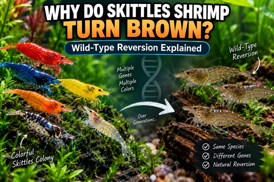 Colorful Skittles shrimp compared with brown wild-type Neocaridina showing genetic reversion