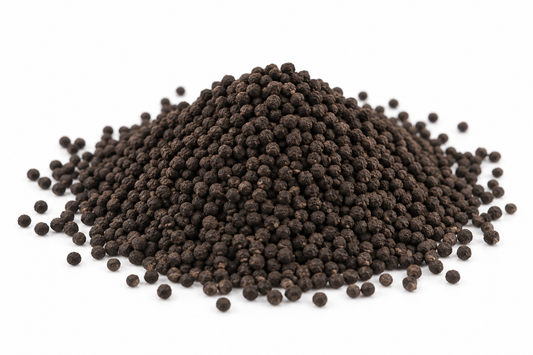 Small, round Fluval Stratum aquarium substrate granules in a dark brown mound on a clean white background, ideal for planted nano aquariums and shrimp tanks.