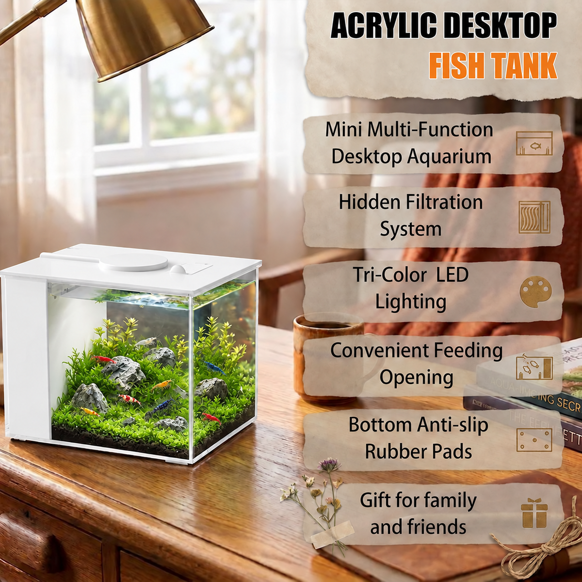 Compact 1 gallon nano aquarium kit for desktop freshwater and shrimp setups