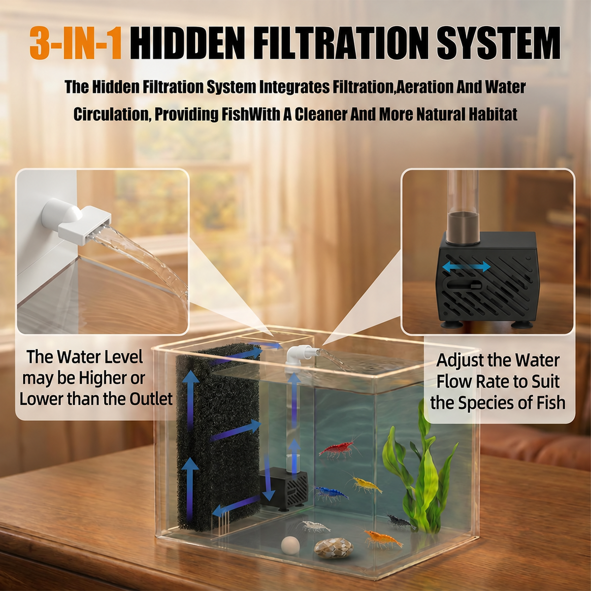 Acrylic nano aquarium with LED lid, built-in filter and compact 1 gallon design