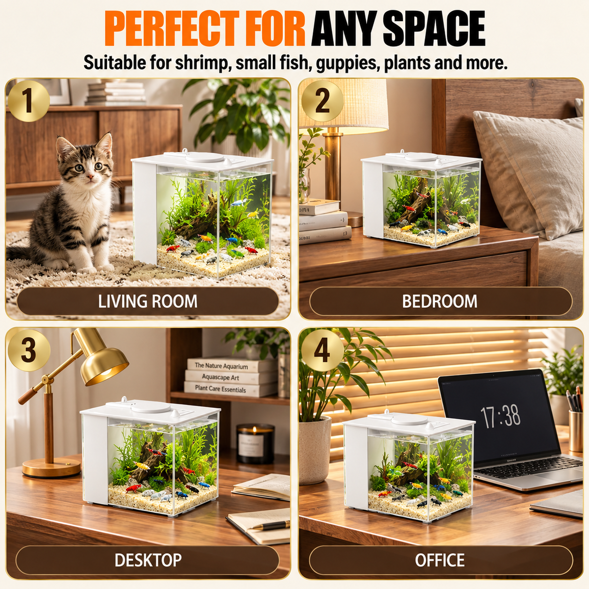 Desktop acrylic nano aquarium kit with concealed filter and LED light
