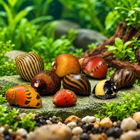 Assorted nerite snails with colorful striped and patterned shells in a planted freshwater aquarium