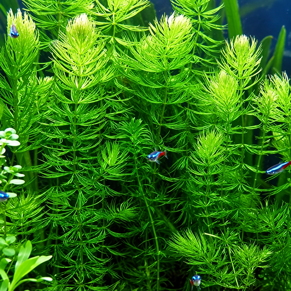 Hornwort live aquarium plant growing densely underwater in a freshwater planted tank