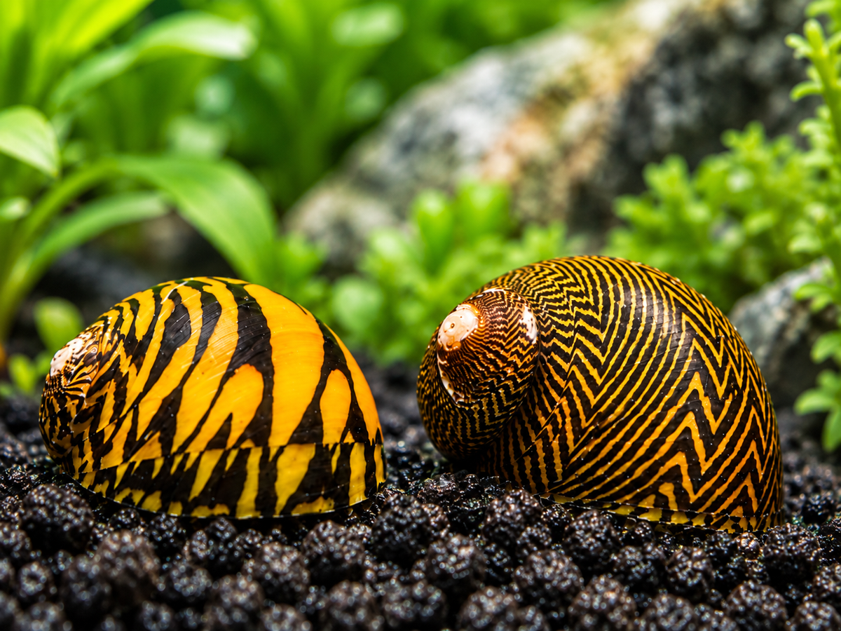 Tiger nerite snails with vivid yellow and black striped shells on dark aquarium substrate